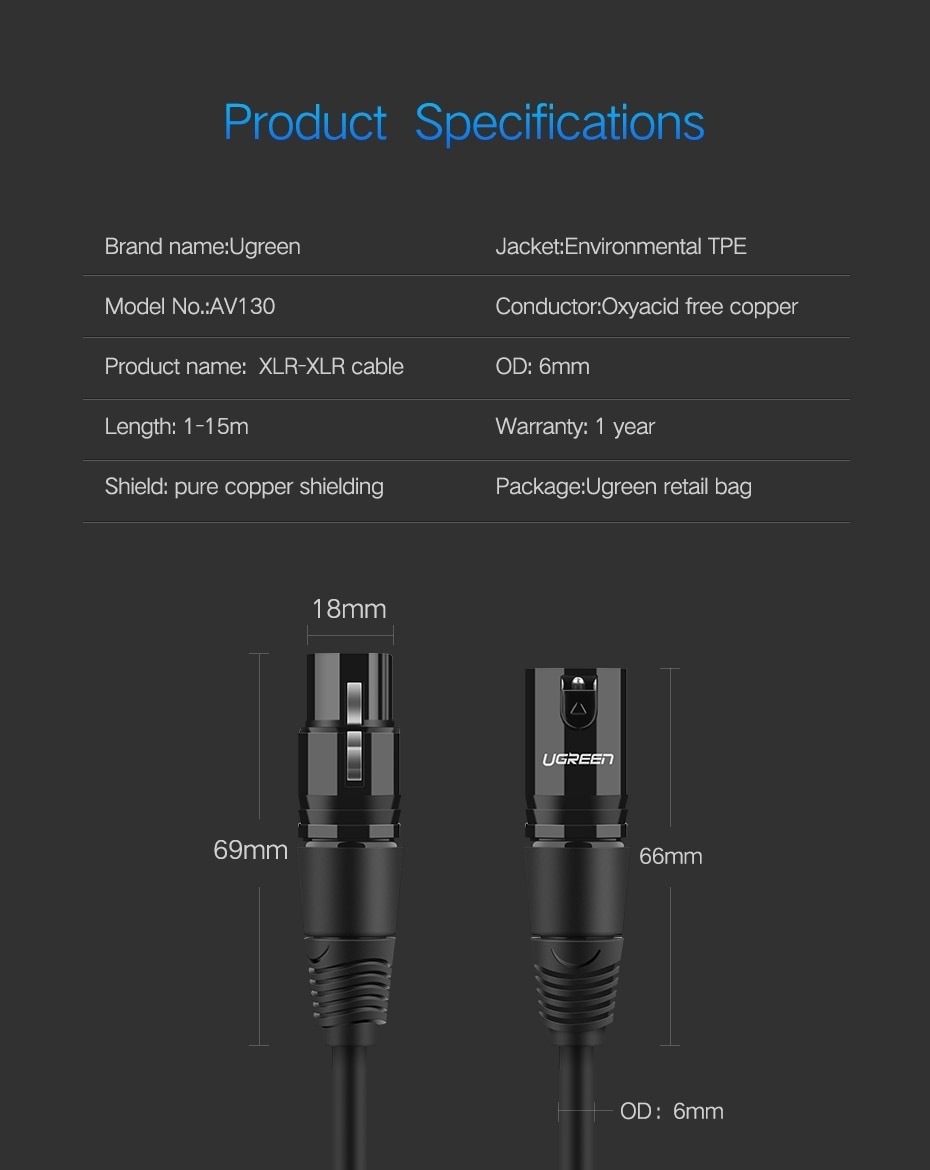 Cable de Audio XLR Hembra a Macho 2m Ugreen - Calidad Premium - Imagen 7