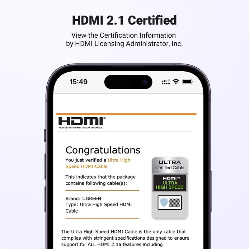 Captura de pantalla de un dispositivo móvil mostrando la certificación HDMI 2.1 para el Cable HDMI UGREEN, destacando la autenticidad y la ultra alta velocidad del cable.