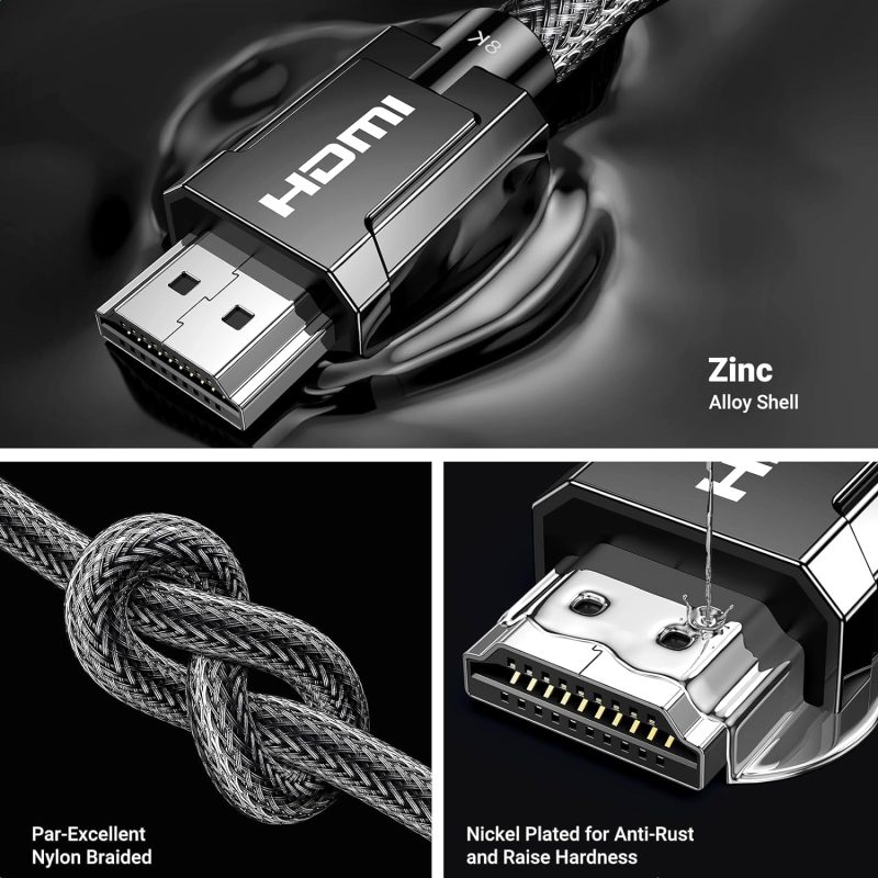 Primer plano del Cable HDMI 2.1 UGREEN mostrando la construcción robusta con un revestimiento de nylon trenzado, concha de aleación de zinc y conectores niquelados para mayor durabilidad y resistencia al óxido.