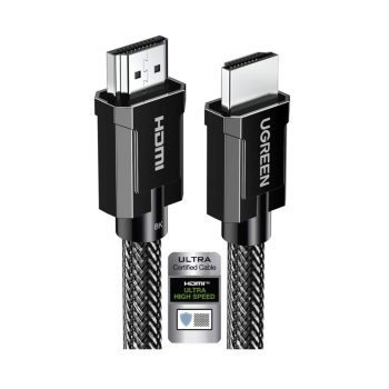 Imagen del Cable HDMI 2.1 UGREEN 8K 2 Metros con certificación ultra alta velocidad, destacando su diseño trenzado en nylon y compatibilidad con 8K a 60Hz para una experiencia de visualización y gaming superior.