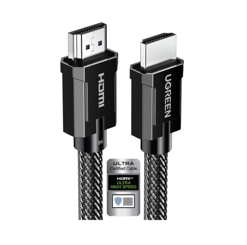 Imagen del Cable HDMI 2.1 UGREEN 8K 2 Metros con certificación ultra alta velocidad, destacando su diseño trenzado en nylon y compatibilidad con 8K a 60Hz para una experiencia de visualización y gaming superior.