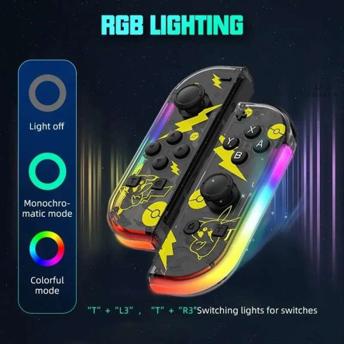 Controladores Joycon RGB para Nintendo Switch con iluminación LED personalizable. Cambia entre múltiples colores para un estilo único mientras juegas. Perfecto para gamers que buscan personalización y estilo.
