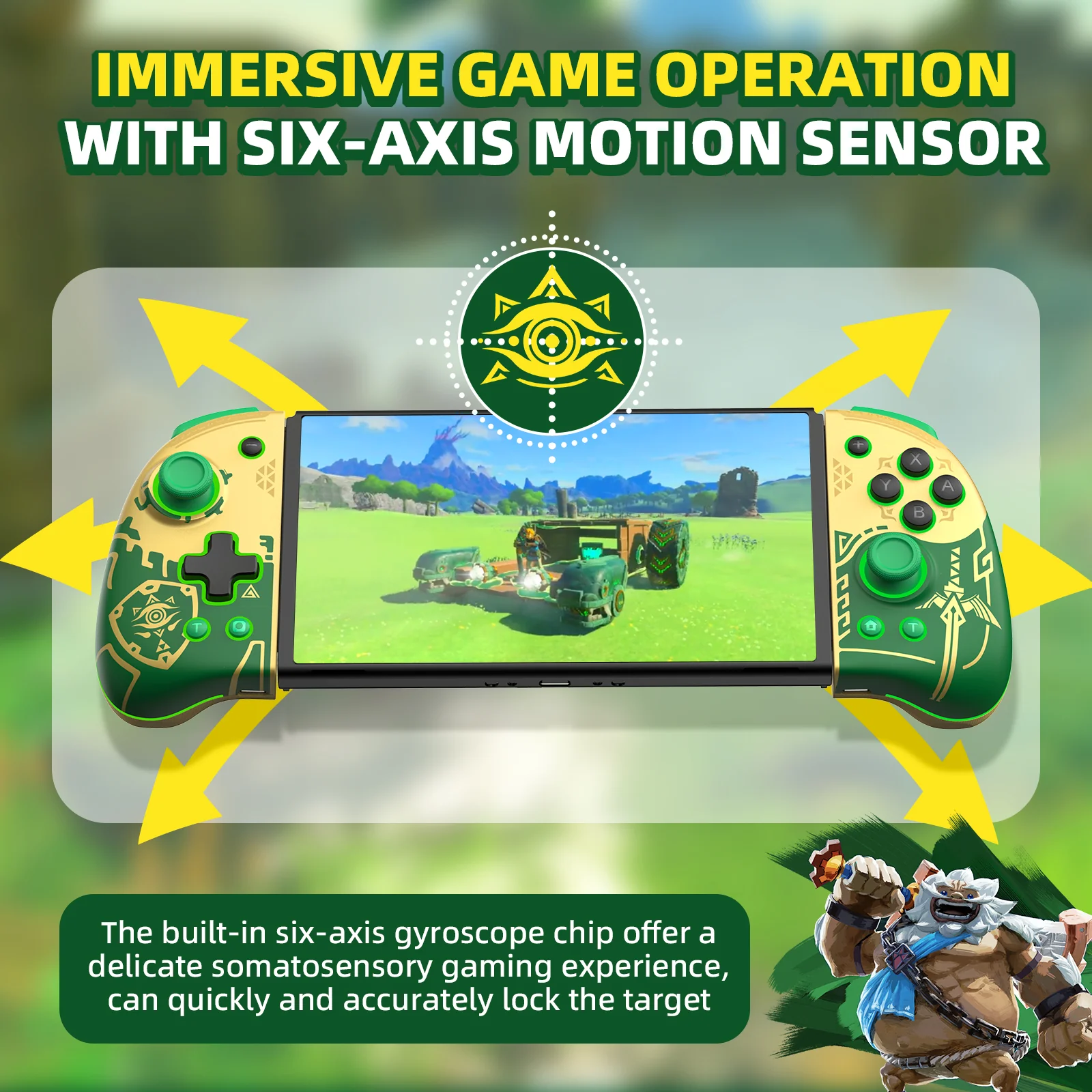 Control Joypad IINE Zelda Tears of the Kingdom en uso con sensor de movimiento de seis ejes.