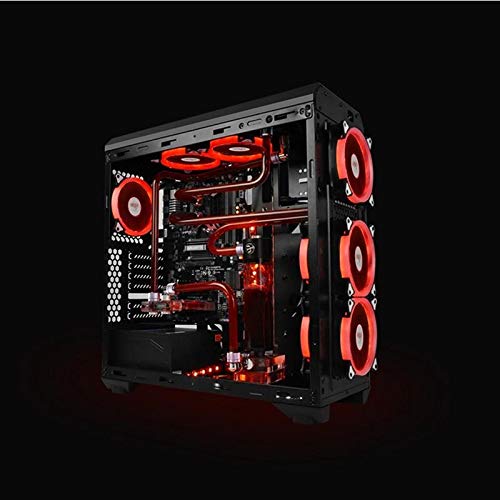 Vista de un chasis de PC con ventiladores LED rojos Aigo en funcionamiento, destacando la iluminación vibrante y la eficiente refrigeración.