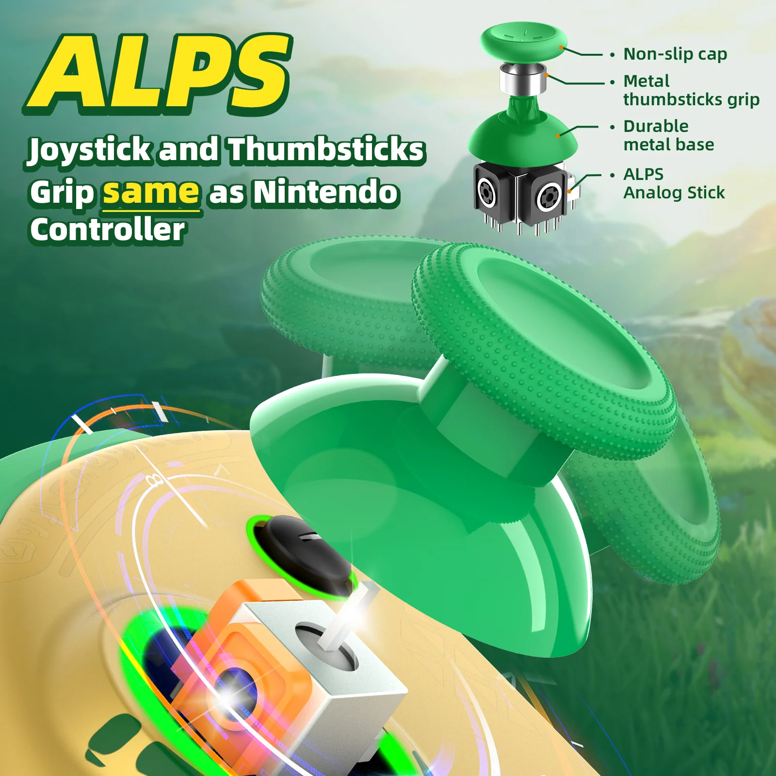 Joystick y thumbsticks ALPS del Control Joypad IINE Zelda Tears of the Kingdom con tapa antideslizante. 