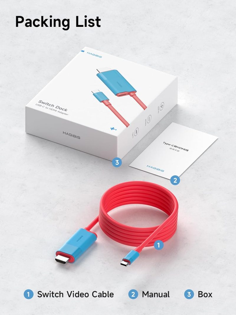 Contenido del paquete del Hagibis Switch Dock, mostrando el cable de video Switch, el manual y la caja.