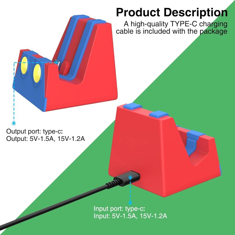 Descripción del producto de la base de carga portátil Mario Bros para Nintendo Switch/Switch OLED con detalles del puerto Tipo C. Incluye imágenes de la base desde diferentes ángulos mostrando los puertos de entrada y salida y los valores de corriente.