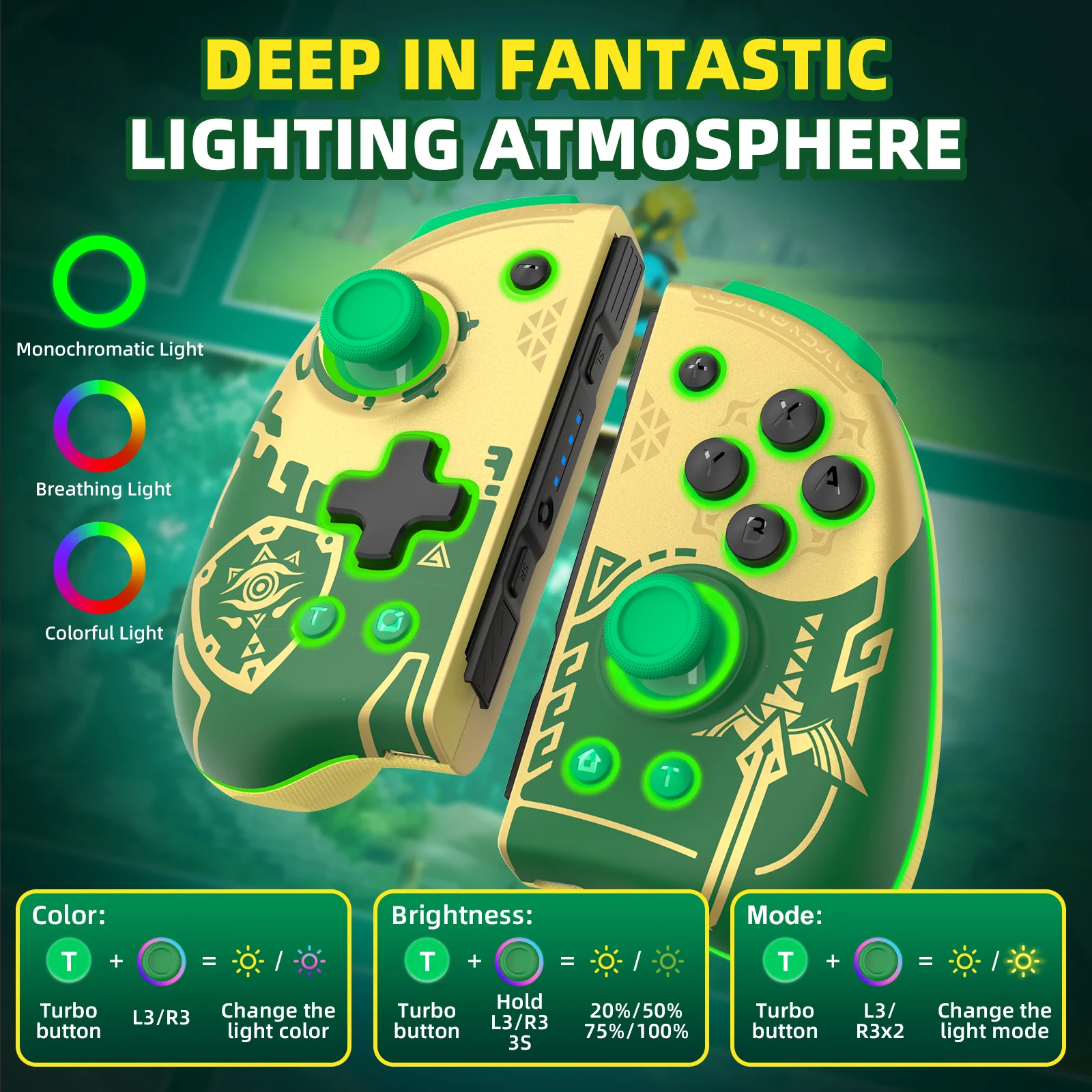 Control Joypad IINE Zelda Tears of the Kingdom con efectos de iluminación RGB.
