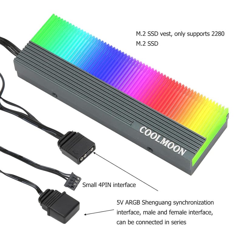 Disipador de calor COOLMOON M.2 ARGB con iluminación LED multicolor, compatible con SSD M.2 de tamaño 2280. Incluye conectores de sincronización ARGB de 5V y una pequeña interfaz de 4 pines para una fácil instalación en sistemas de PC.