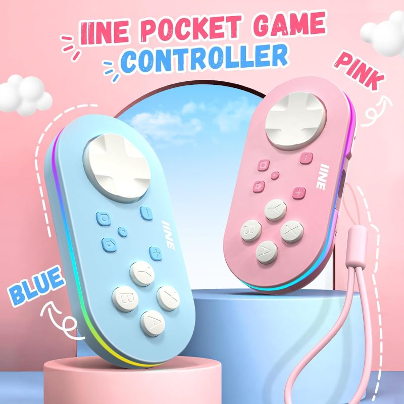 Controladores inalámbricos IINE Micro Bluetooth en colores azul y rosa, mostrando su diseño compacto y colorido.