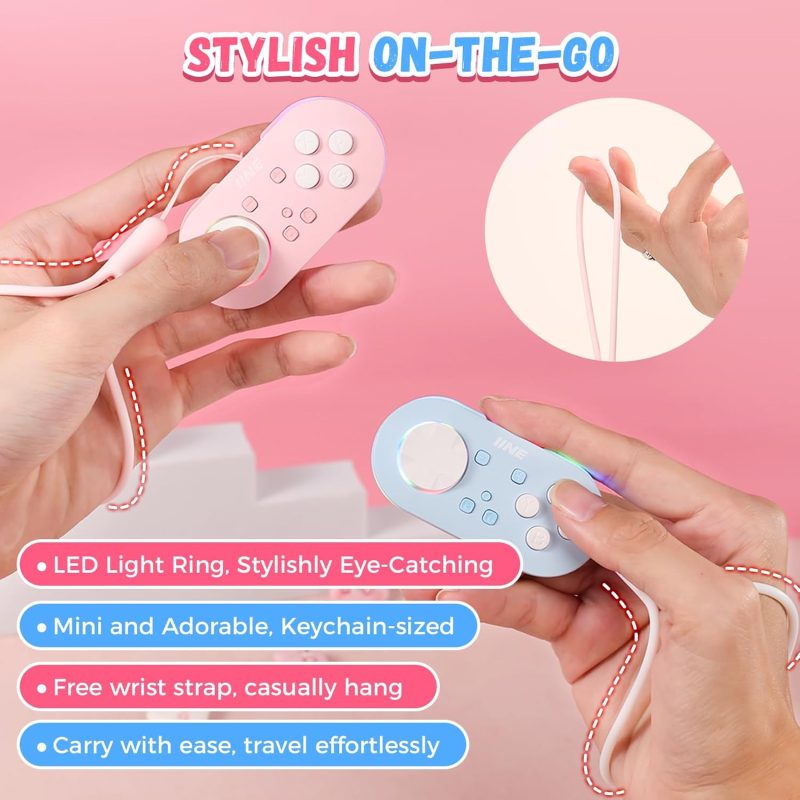 Controladores inalámbricos IINE Micro Bluetooth rosa y azul con correa de muñeca, destacando su portabilidad y diseño atractivo.