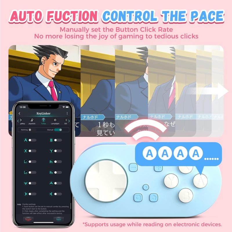 Controlador IINE Micro Bluetooth azul mostrando la función de auto-fire con una aplicación de configuración en un smartphone.