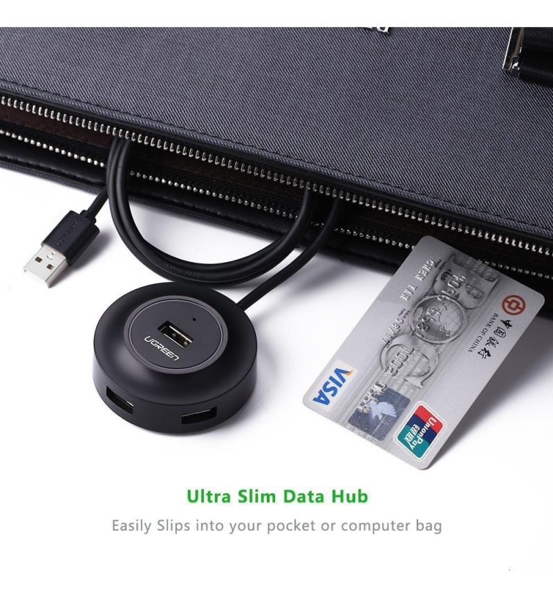 Hub USB Ugreen de 4 puertos, diseño compacto, guardado fácilmente en un bolso junto a una tarjeta de crédito.