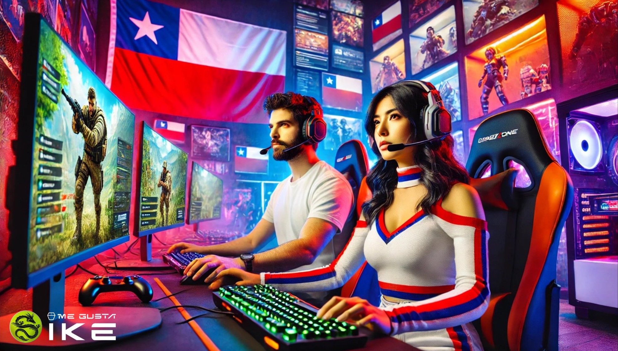 Mujer y hombre gamers jugando al computador. Habitación decorada con estilo chileno.