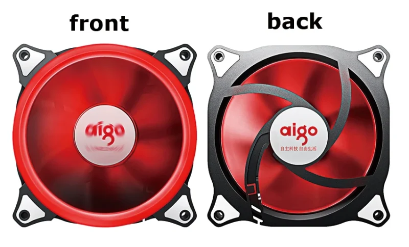 Vista frontal y trasera del ventilador LED rojo Aigo de 120mm, mostrando su diseño robusto y detalles del producto.