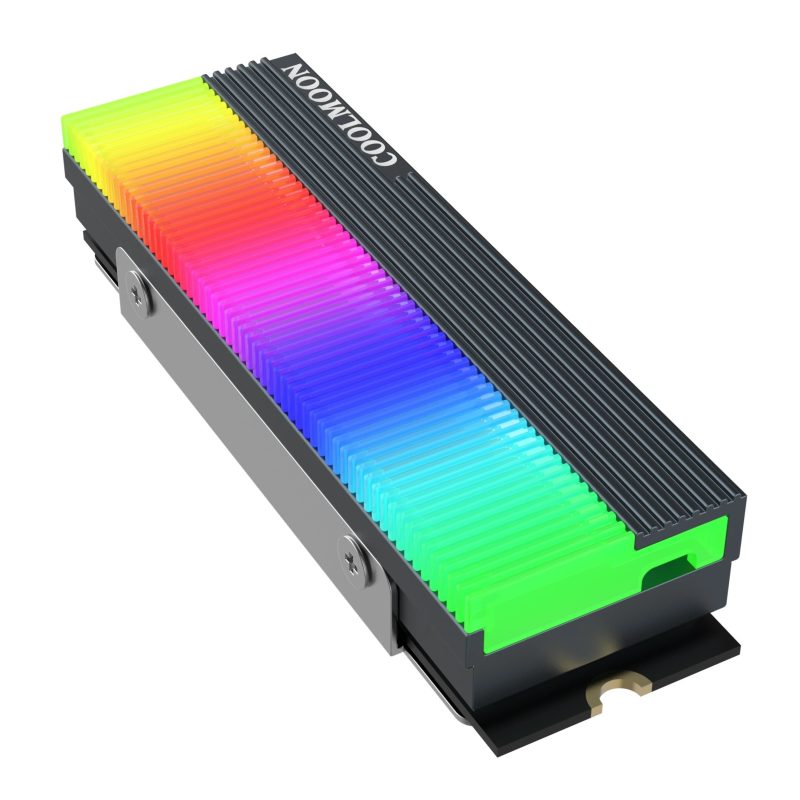 Disipador de calor ARGB para SSD M.2 de COOLMOON, con iluminación LED multicolor y diseño compacto para mejorar la ventilación y el enfriamiento.