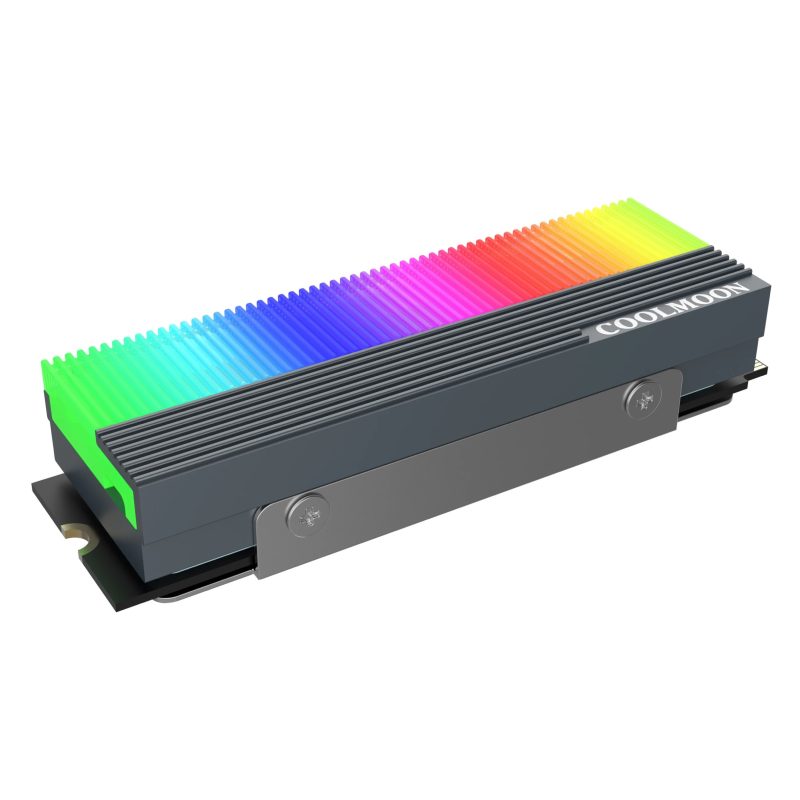 Vista lateral del disipador de calor COOLMOON M.2 ARGB con efectos de iluminación LED multicolor, ideal para sistemas de enfriamiento de SSDs M.2.
