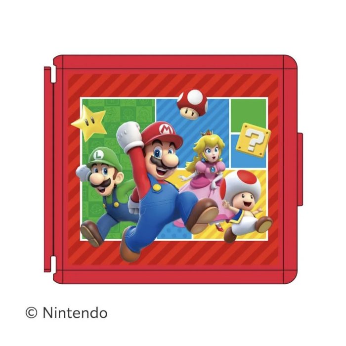 Estuche para Juegos Nintendo Switch 24 Tarjetas Super Mario Bros. La imagen muestra a Mario, Luigi, Princesa Peach, Toad el honguito de Mario Bros y la estrellita de Mario. Carcasa con contorno rojo.