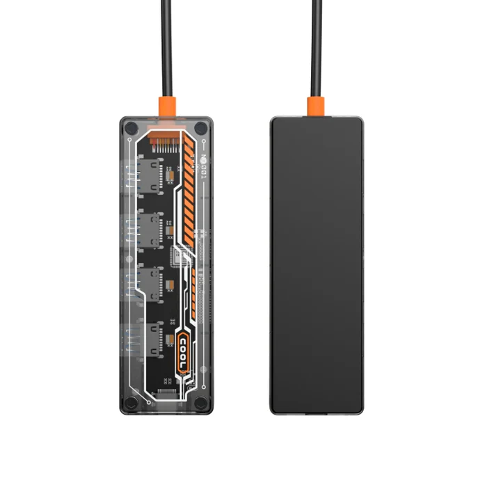 Vista frontal y trasera del HUB USB C 4 en 1 LUKYRA con diseño transparente, que muestra los componentes internos y 4 puertos USB 3.0, ideal para conectividad avanzada y uso profesional.