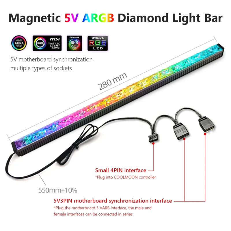 Diagrama de especificaciones y conexiones de la barra LED ARGB COOLMOON de 30cm con conectores 5V/3PIN y 4 pines.