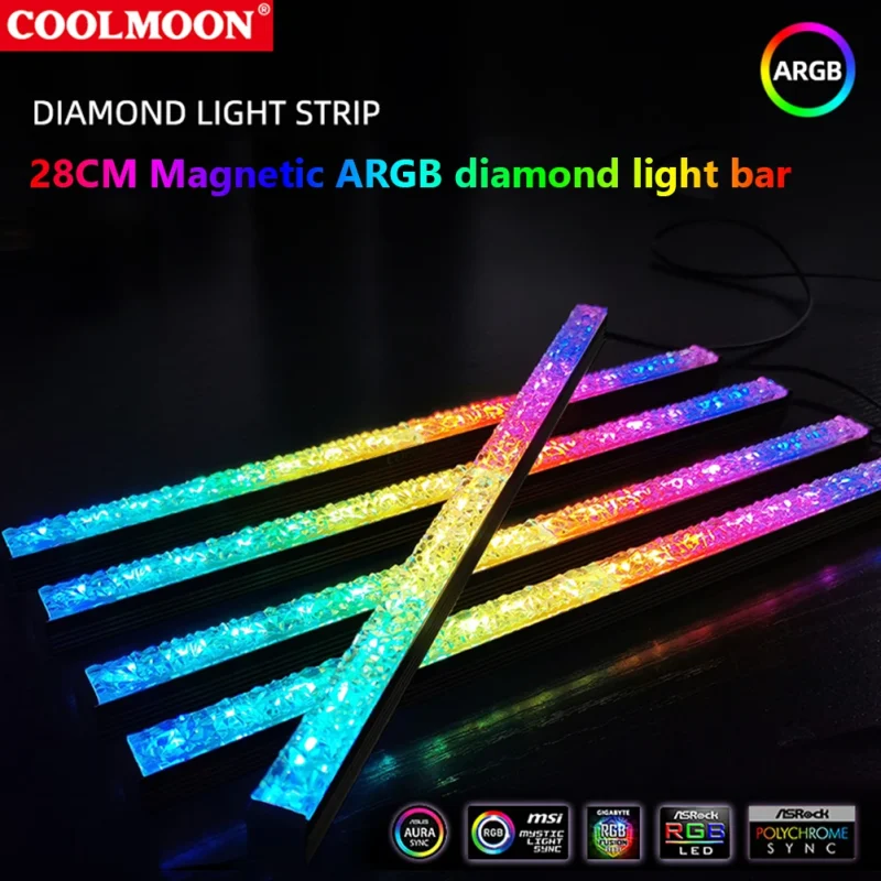 Detalle de la barra LED ARGB COOLMOON de 30cm con diseño de cristal de diamante roto y efectos de luz coloridos.