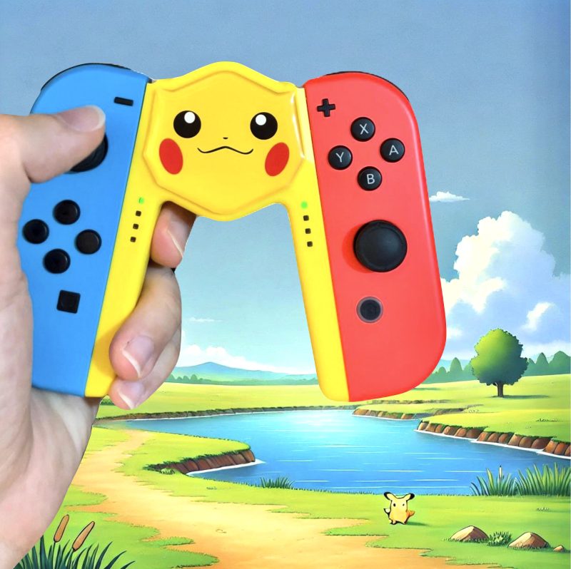 Agarre de Carga Nintendo Switch Pikachu con fondo de Mundo Pokemon