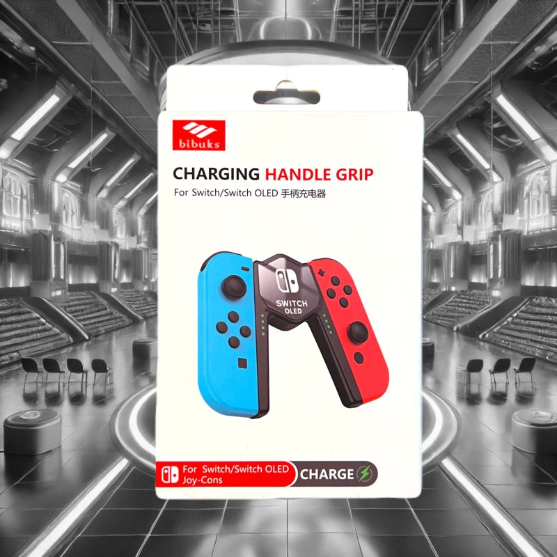 empaque del producto Agarre de Carga Nintendo Switch Pikachu con fondo estilo gimnasio Pokemon
