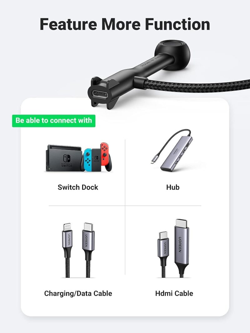 Cable extensor USB-C UGREEN conectado a un dock de Nintendo Switch, hub, cable de datos y cable HDMI, mostrando su versatilidad para diferentes dispositivos.