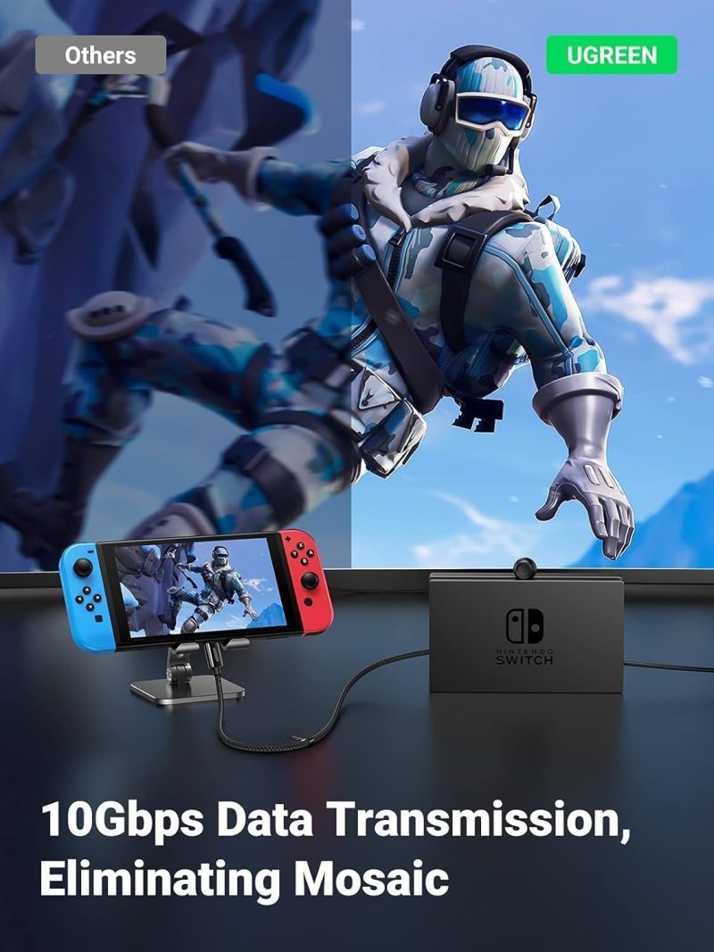 Cable extensor USB-C UGREEN conectado a una Nintendo Switch mostrando la transmisión de datos de 10Gbps eliminando el efecto de mosaico en la pantalla.