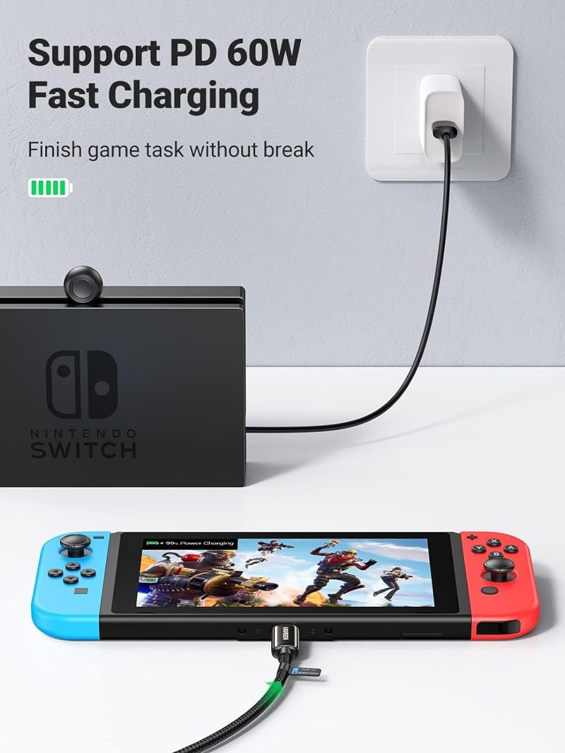 Cable extensor USB-C UGREEN conectado a una Nintendo Switch mientras se carga a 60W con Power Delivery, permitiendo continuar jugando sin interrupciones.