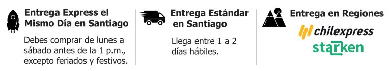 Banner de opciones de envío en Me Gusta IKE, incluyendo entrega el mismo día en Santiago, entrega normal en Santiago y envío a regiones con Chilexpress y Starken.