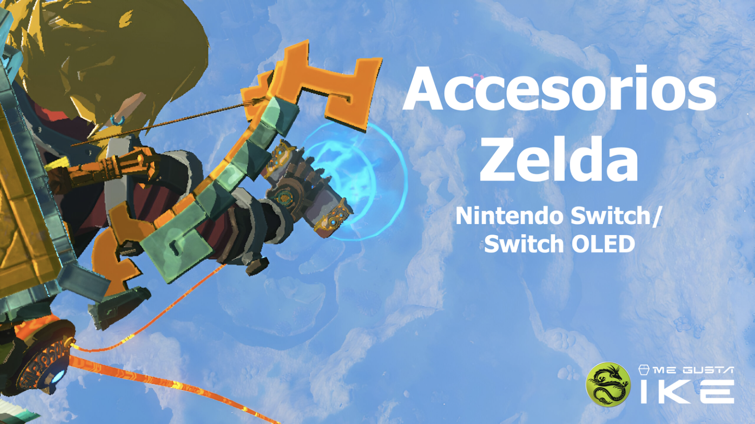 Link de Zelda volando y tomando fotografia. Al costado derecho se ven las letras Accesorios Zelda Nintendo Switch y Switch OLED.