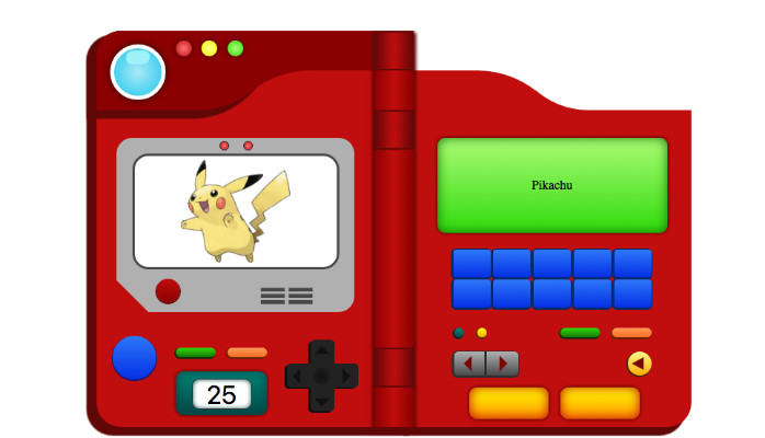 Imagen de la Pokédex clásica de la región de Kanto con Pikachu en pantalla. Inspiración para el Estuche Pokedex para Nintendo Switch.