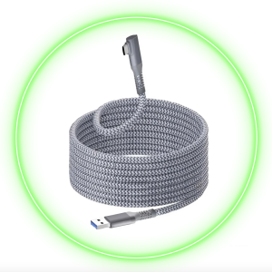 Cable VR gris con conector azul rodeado de un resplandor verde en la página