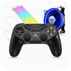 Categoría Accesorios PC Gaming. La imagen muestra a la izquierda un cable RGB para PC Gaming, a la derecha un ventilador azul para gamer y al centro un Control Gamesir Tarantula Pro.