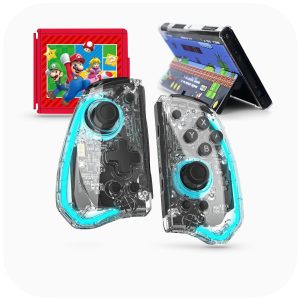 Categoría Accesorios para Consolas. Se ve un estuche rojo con los personajes de Mario Bros, una carcasa Mario Bros Retro y un Joy-Con Transparente RGB.