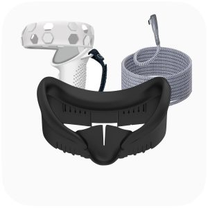 Accesorios VR. La imagen muestra un grip blanco para Quest a la izquierda, a la derecha un cable usb c 3.2 de 5m encordado para Quest y un protector facial negro para Quest 3 al medio.