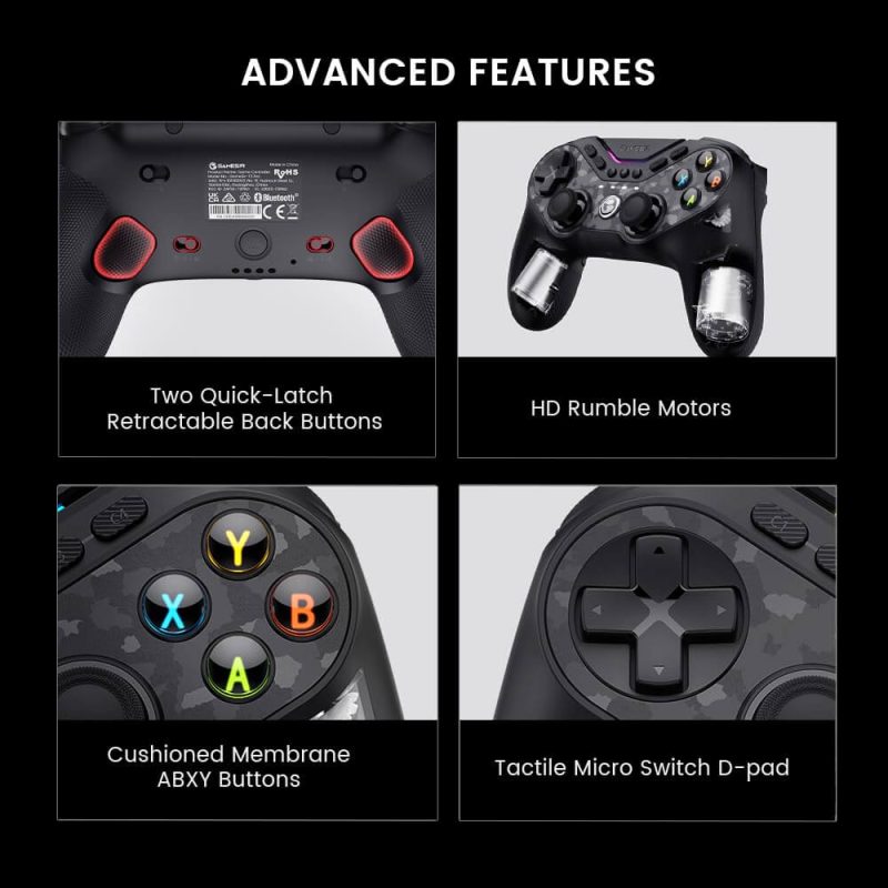 Control GameSir Tarantula Pro destacando sus características avanzadas como motores HD Rumble y botones traseros retráctiles.