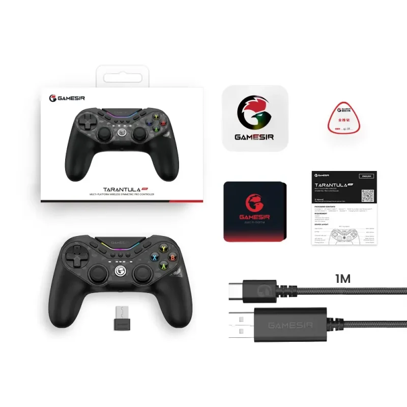 Contenido del paquete del GameSir Tarantula Pro incluyendo el control, dongle 2.4G, cable USB y manual.