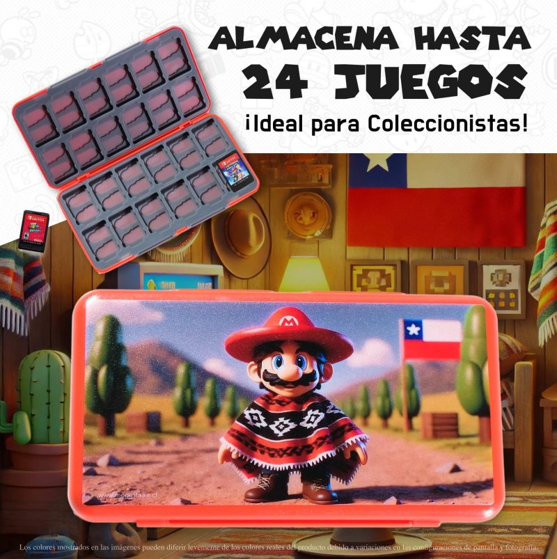Estuche de Juegos Nintendo Switch Mario Chile Odyssey abierto, mostrando capacidad para almacenar hasta 24 juegos de Nintendo Switch, ideal para coleccionistas.