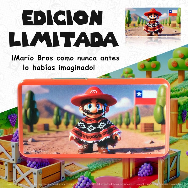 Vista frontal del Estuche de Juegos Nintendo Switch Mario Chile Odyssey con diseño exclusivo de Mario Bros vestido en traje tradicional chileno, destacando como edición limitada.