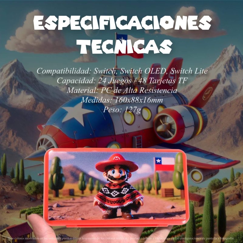 Imagen con especificaciones del Estuche de Juegos Nintendo Switch Mario Chile Odyssey, destacando compatibilidad, capacidad para 24 juegos y medidas compactas.