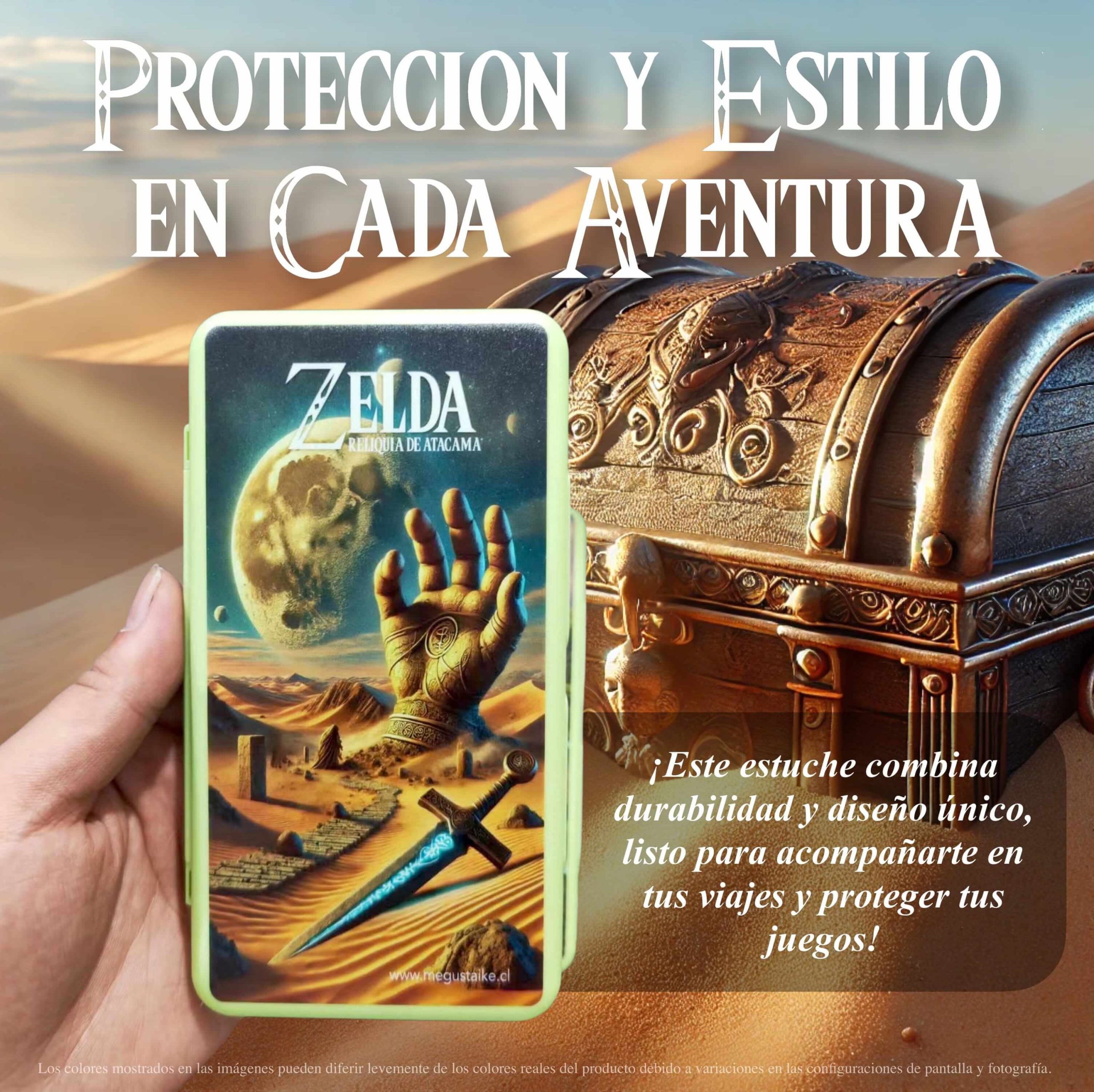 Estuche de juegos Zelda Atacama en mano frente a un cofre, combinando durabilidad y diseño único.