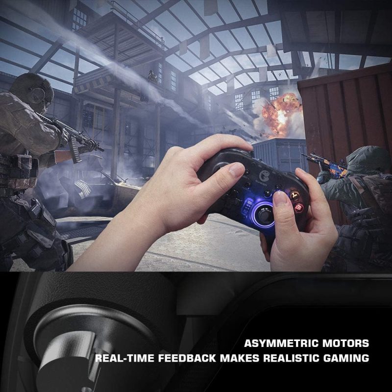 Jugador usando el GameSir T4 Pro para experimentar vibración inmersiva en un juego de disparos.