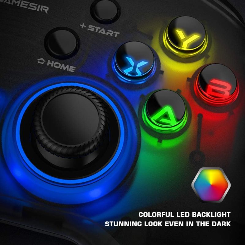 Primer plano de los botones del GameSir T4 Pro con retroiluminación LED colorida.