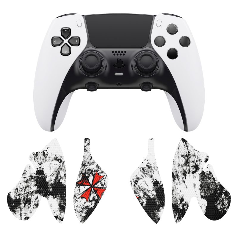 Piezas individuales de la funda protectora Infex para mando DualSense Edge PS5, con detalles en negro, blanco y rojo.