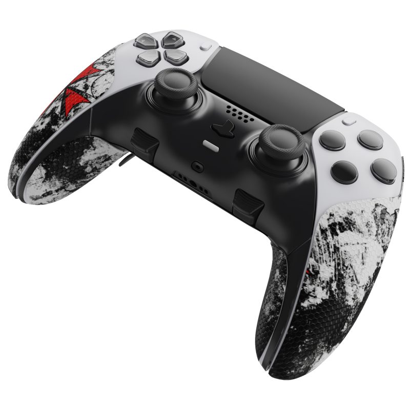 Vista angular de la funda protectora Infex para mando DualSense Edge PS5, destacando el diseño ergonómico y el logotipo en rojo.