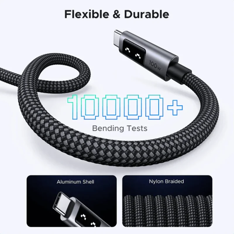 Cable USB-C UGREEN Uno 100W con diseño trenzado de nylon y más de 10,000 dobleces comprobados.