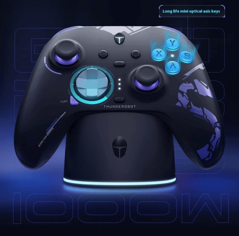 Control Thunderobot G80 Ultimate Star en su base de carga inalámbrica con efectos de luz RGB y diseño ergonómico.