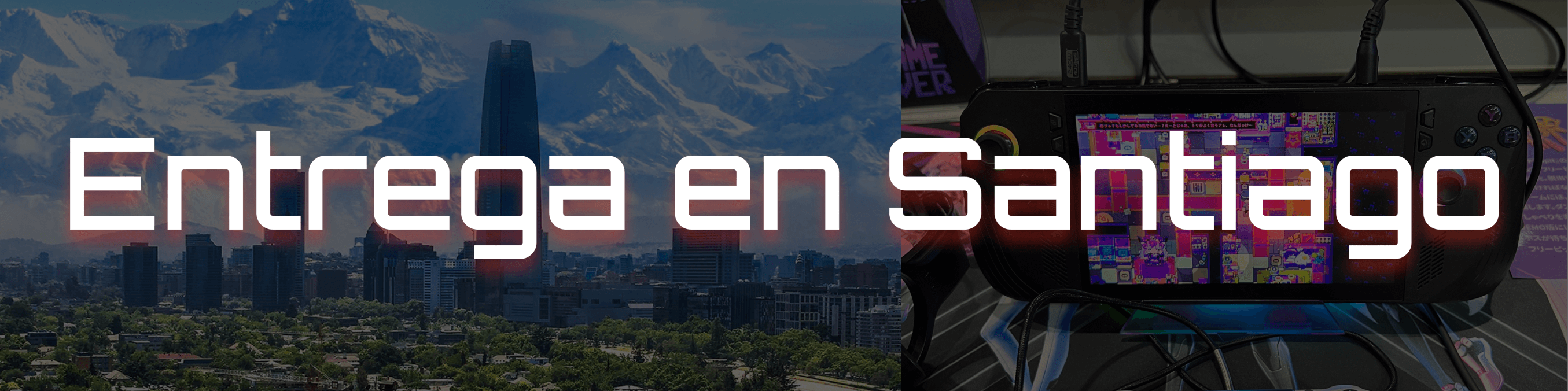 Servicio de entrega rápida en Santiago con ME GUSTA IKE, mostrando un paisaje urbano y un producto conectado.